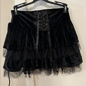 Dolls Kill Elegant Black Velvet Lace-Up Tiered Skirt